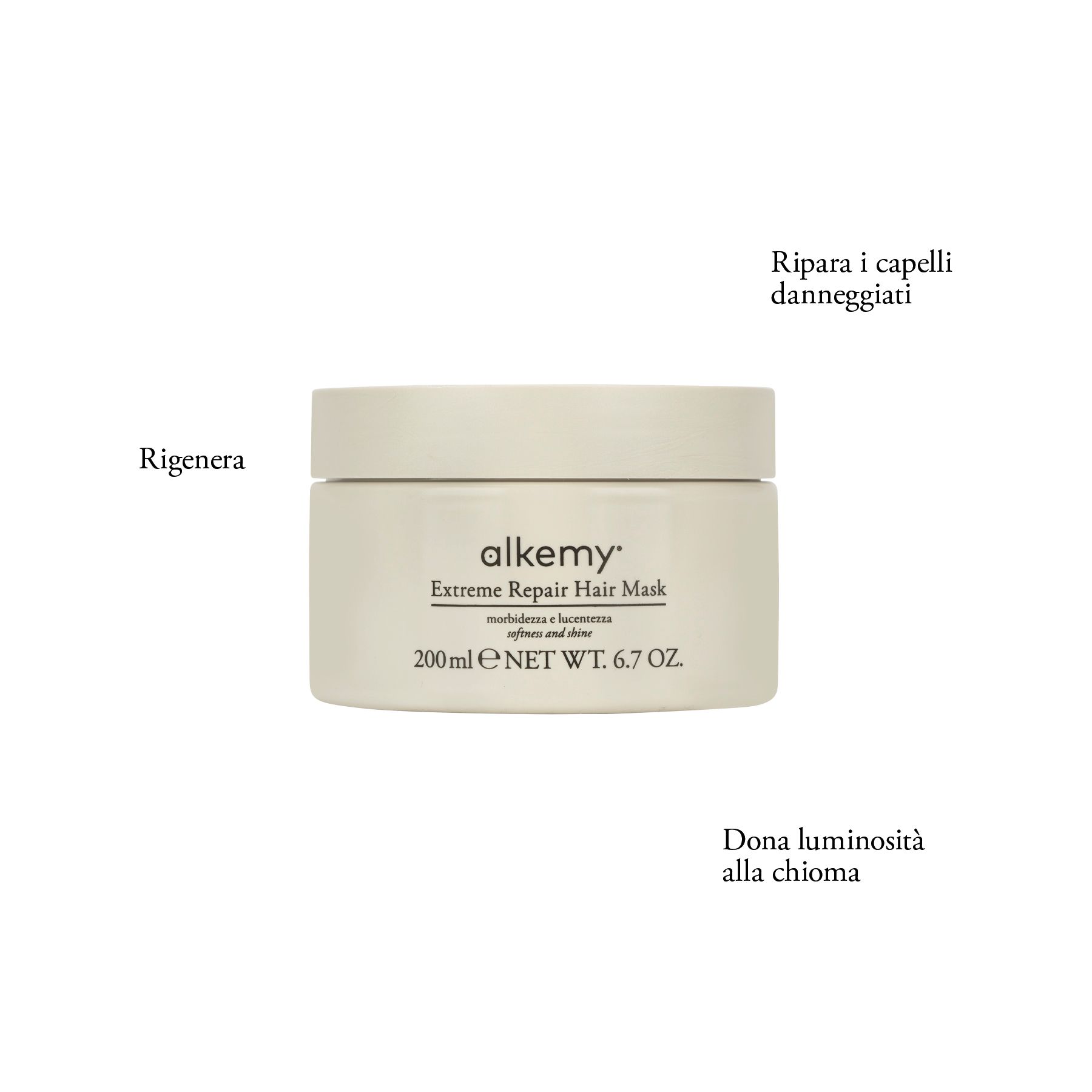 Barattolo Alkemy Maschera Ristrutturante Intensa con testi: 'Rigenera', 'Ripara i capelli danneggiati', 'Dona luminosità alla chioma'.
