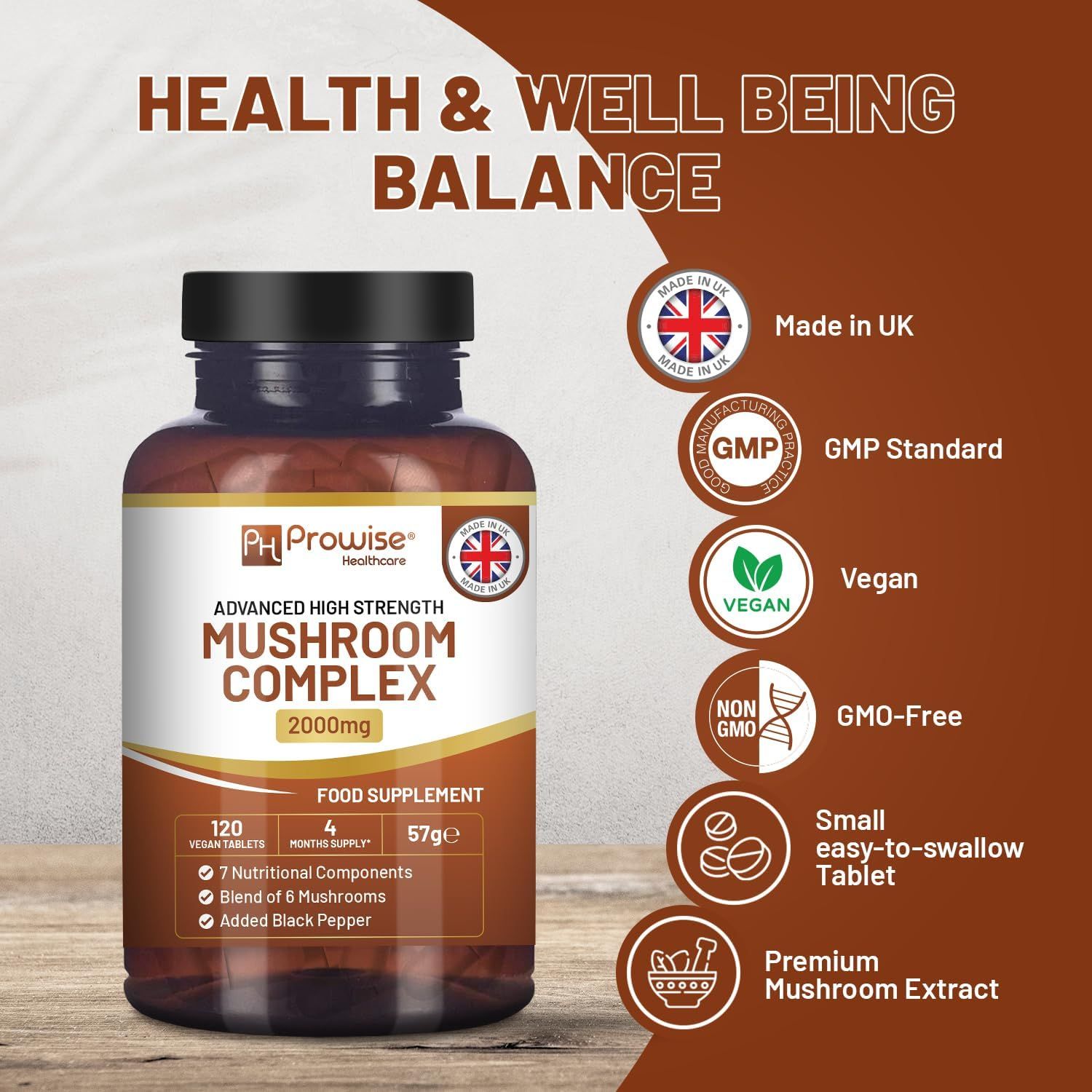 Flacone marrone Prowise Healthcare Mushroom Complex. 120 compresse, 4 mesi di fornitura, 57g. Vegano, senza OGM, prodotto nel Regno Unito.