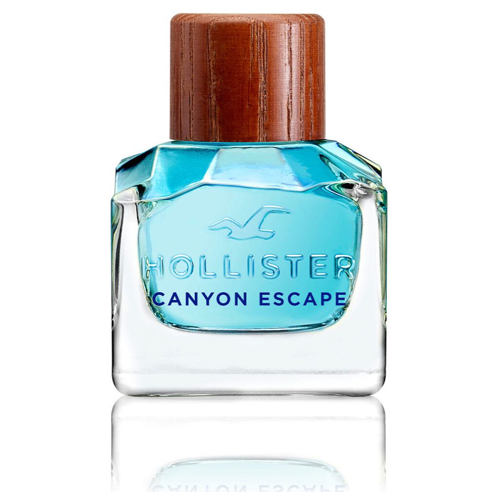 Flacone quadrato, liquido blu, tappo in legno. Scritta: HOLLISTER CANYON ESCAPE.