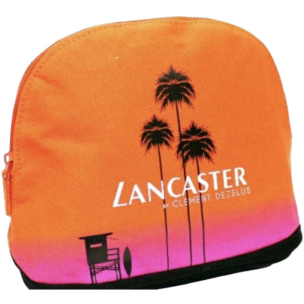 Astuccio Lancaster con palme. Sfumatura arancione-rosa, cerniera e base nere.