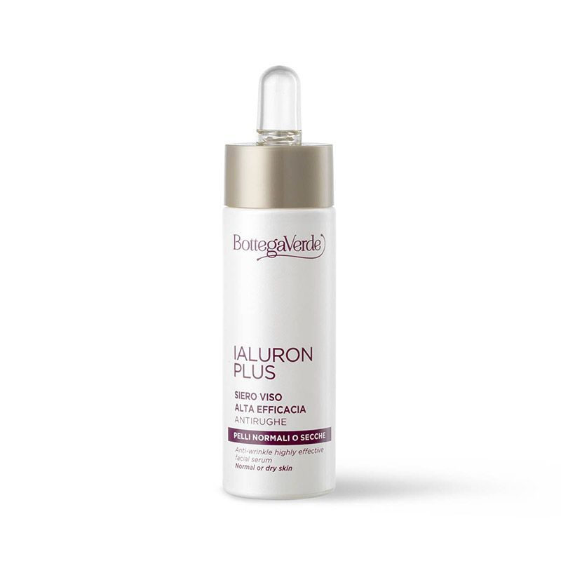 Siero viso Bottega Verde Ialuron Plus con contagocce, antirughe, per pelli normali o secche.