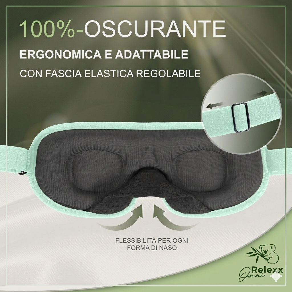 Maschera per dormire turchese. Testo: 100% oscurante, ergonomica, adattabile. Fascia elastica regolabile. Marchio: OMNIRELEXX®.