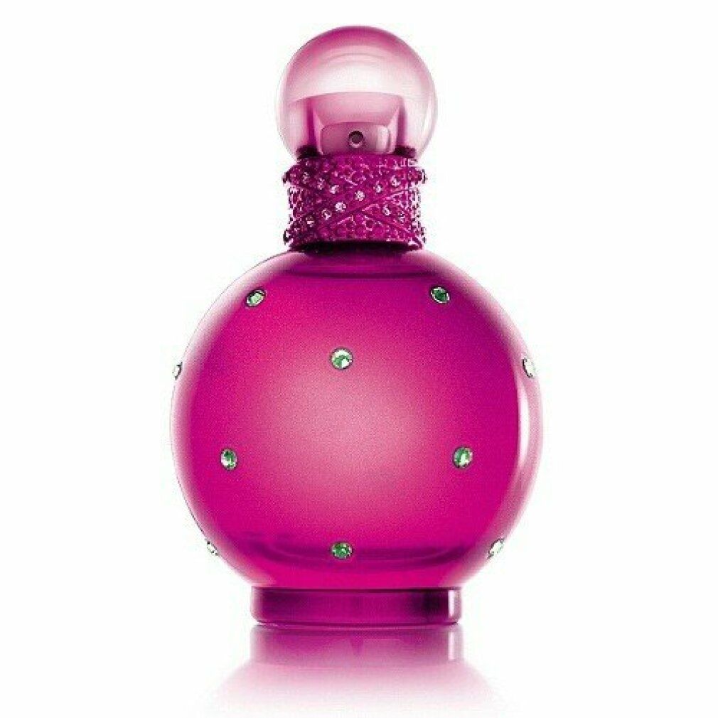 Flacone rosa rotondo con tappo rosa e strass. Il flacone è in posizione verticale.