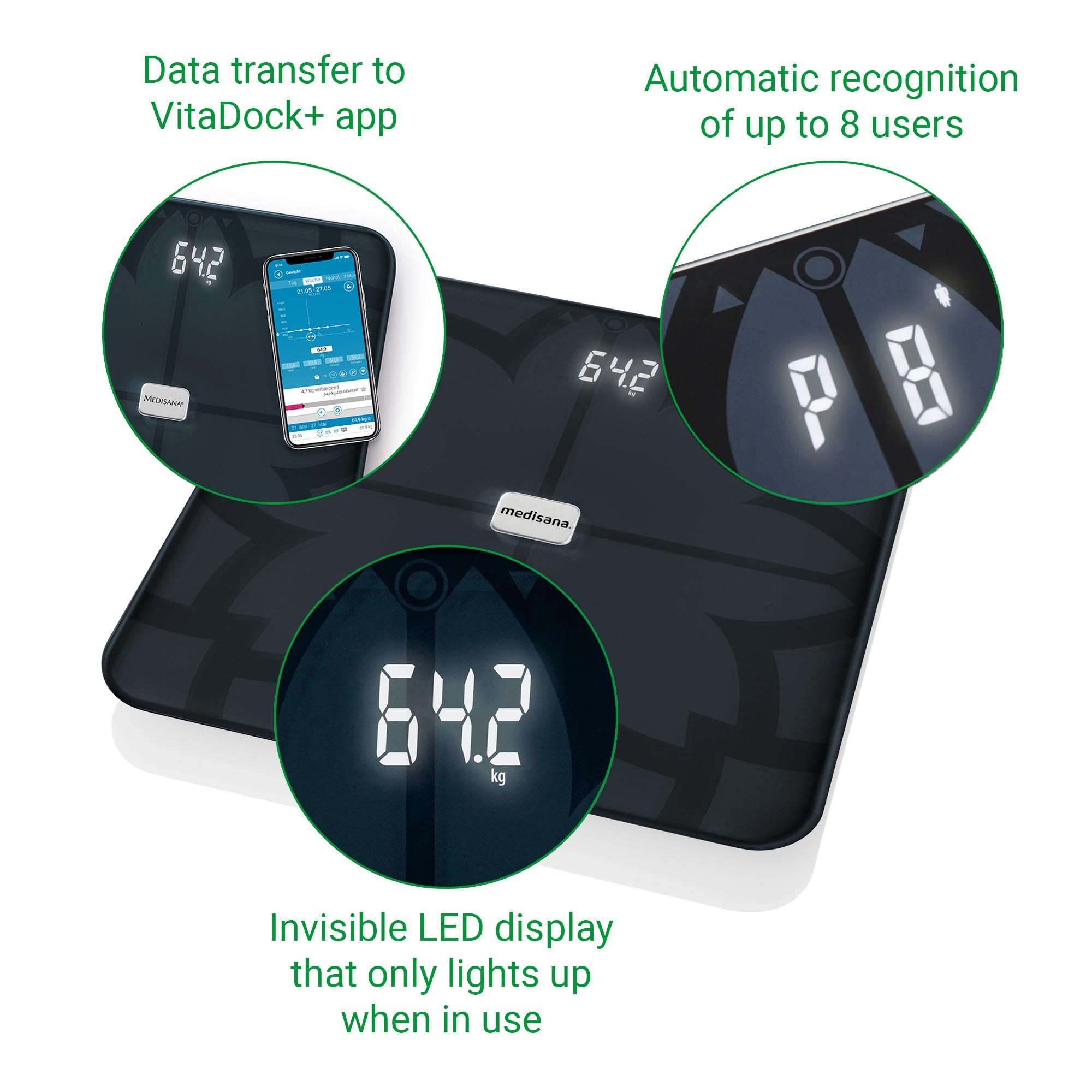 Bilancia per l'analisi corporea con display digitale. Mostra il peso, trasferimento dati all'app. Riconoscimento automatico utenti.