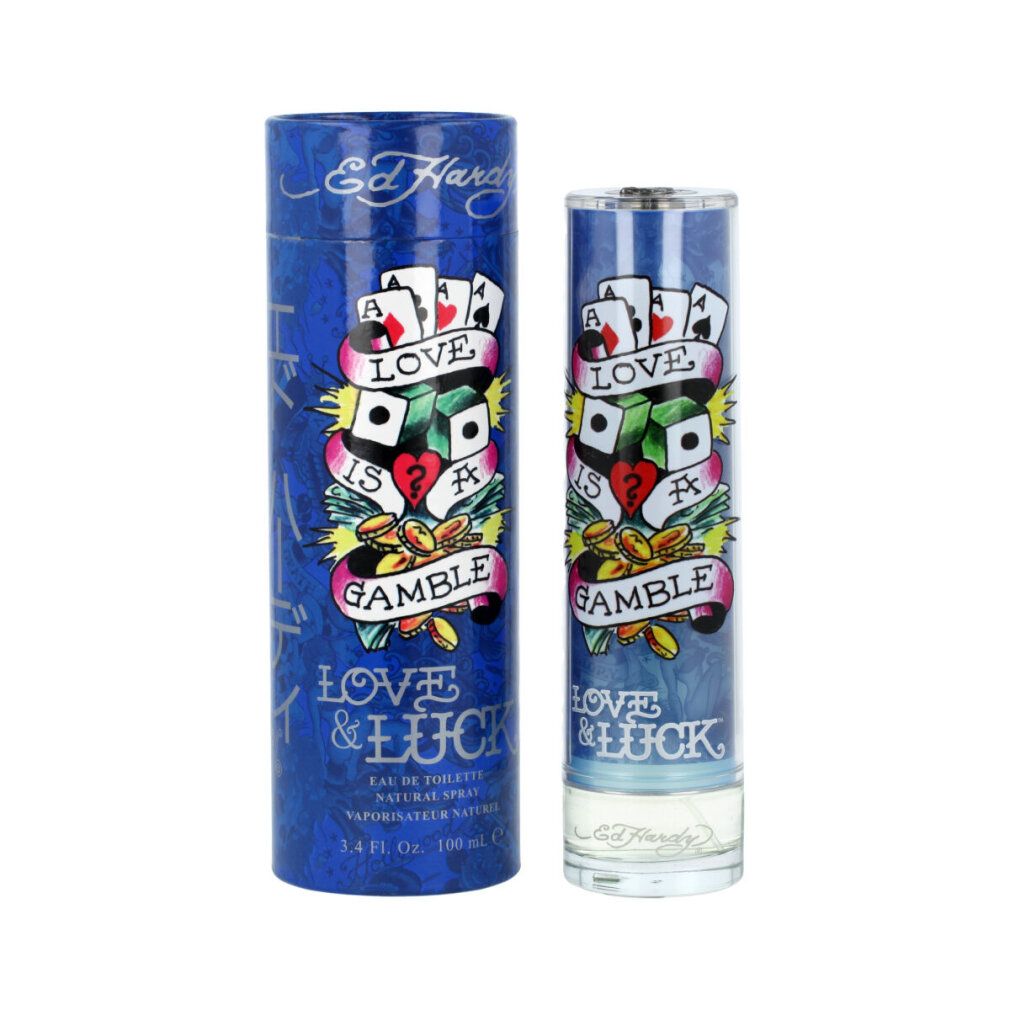 Eau de toilette blu con confezione cilindrica. Scritta Love & Luck, Ed Hardy. Design tatuaggio con carte e dadi.