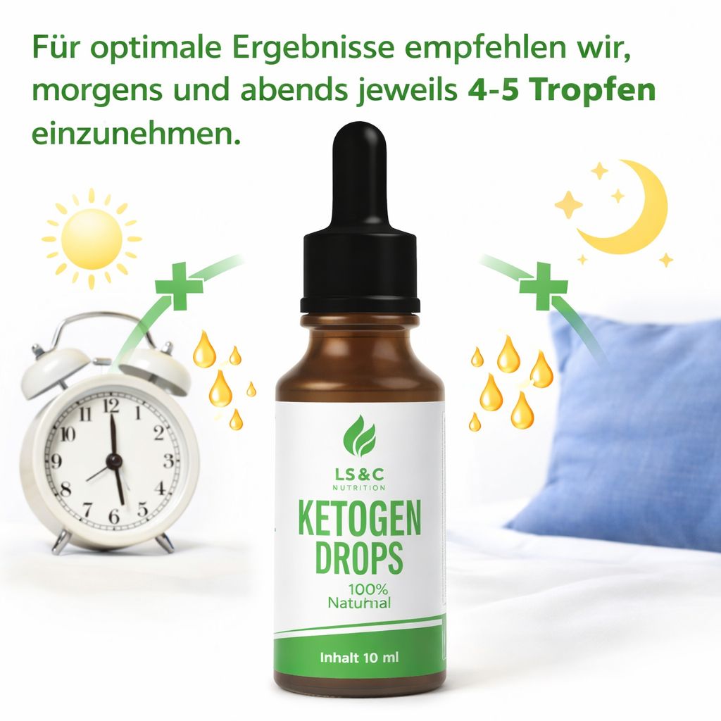 Flacone marrone con tappo nero. Scritta: LS & C Nutrition, Ketogen Drops, 100% Natural. Contenuto 10 ml.