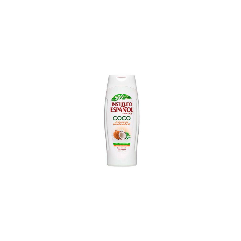 Flacone bianco INSTITUTO ESPAÑOL COCO. Illustrazione cocco. Testo: Loción corporal bienestar natural. 500 ml.