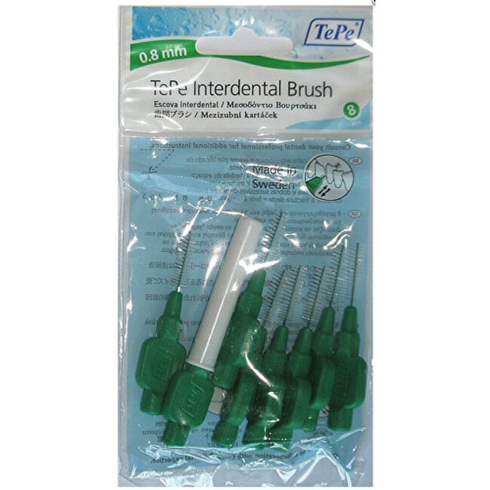 Spazzolini interdentali in confezione. Verdi, 8 pezzi. Testo: TePe Interdental Brush, 0,8 mm. Bandiera svedese.