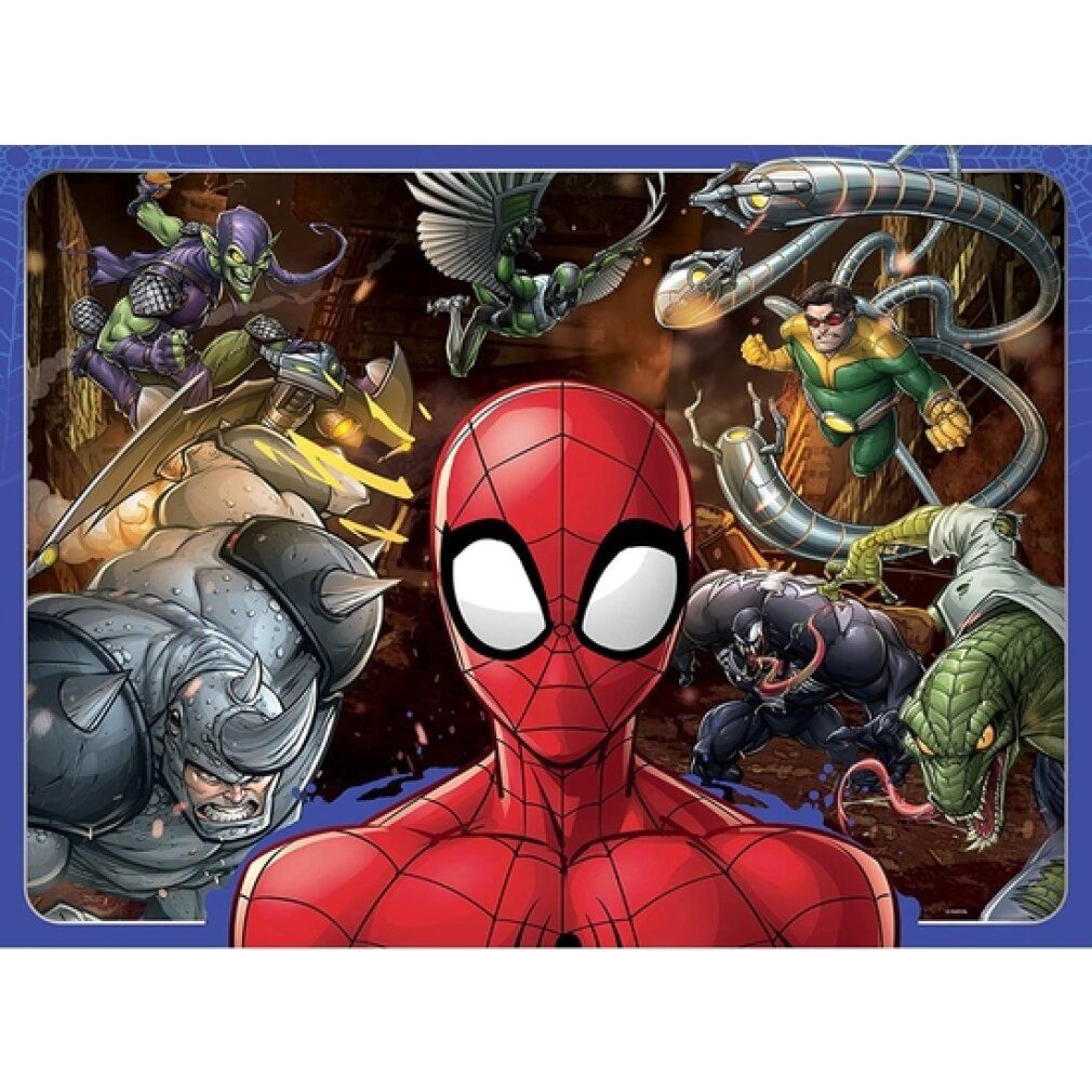Motivo puzzle Spiderman con Spiderman e nemici. Pezzi di puzzle in cornice blu. Sfondo con elementi fumettistici.