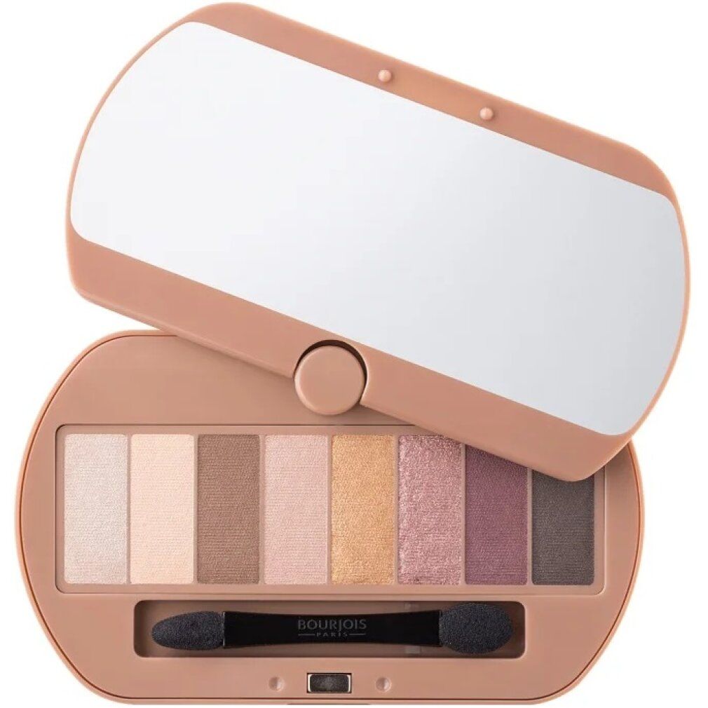 Palette ombretti con specchio e applicatore. Otto tonalità nude. Aperta, con coperchio e specchio.