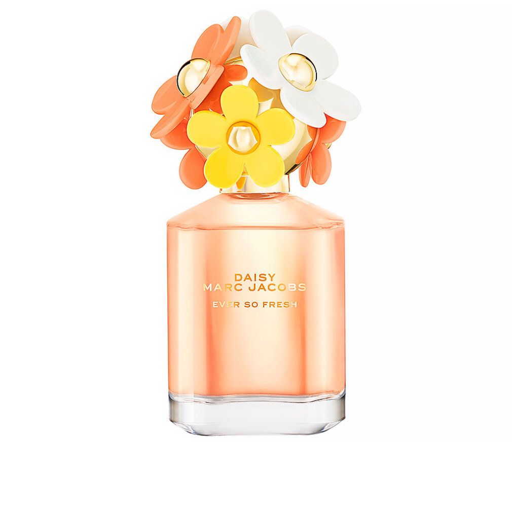 Flacone di profumo con fiori gialli, bianchi e arancioni sul tappo. Scritta: Daisy Marc Jacobs Ever so Fresh.