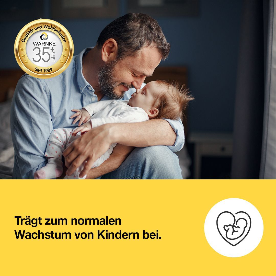 Padre tiene in braccio un bambino. Cerchio giallo con testo: Contribuisce alla normale crescita dei bambini. Simbolo: embrione nel cuore.