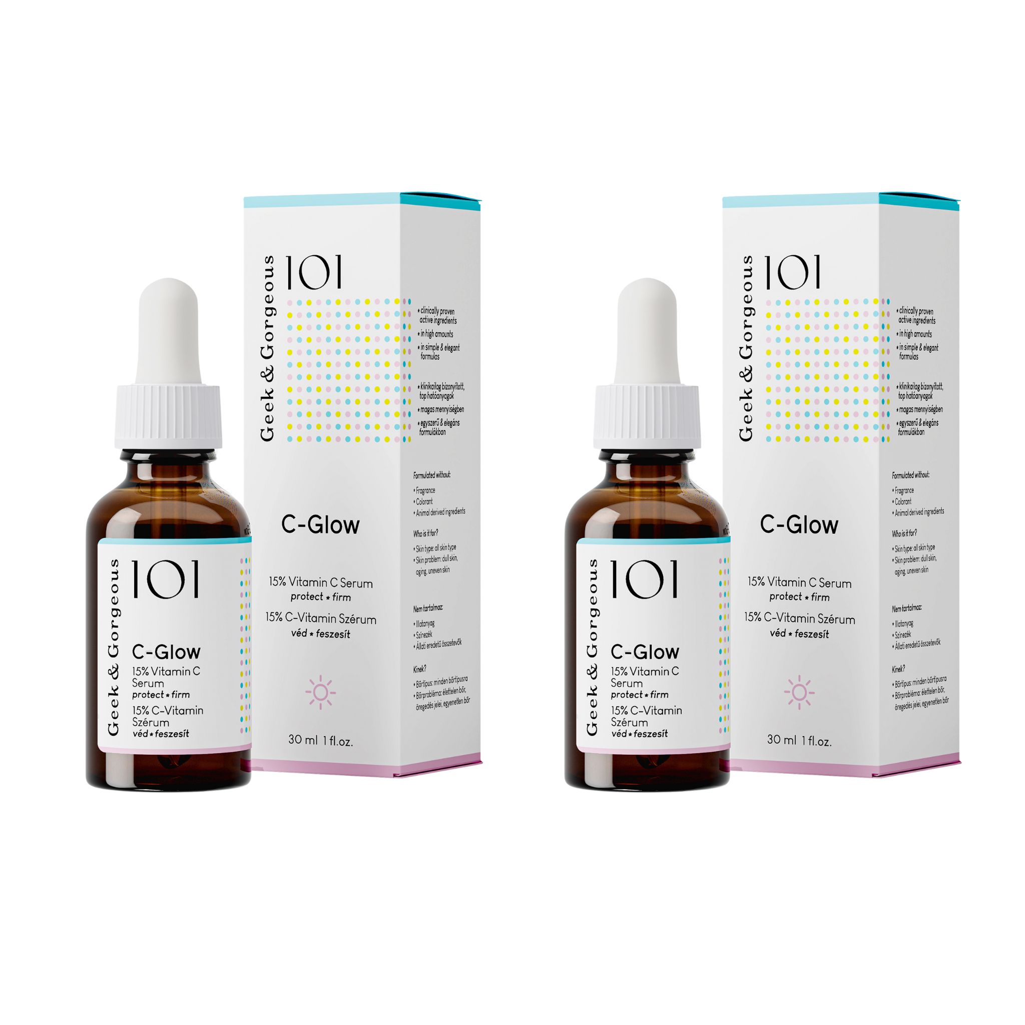Due flaconi con confezione. Le etichette riportano "C-Glow" e "15% Vitamin C Serum".
