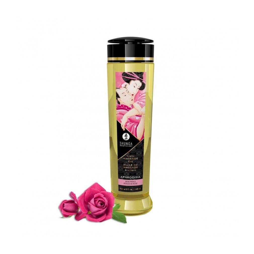 Olio da massaggio Shunga Aphrodisia Rose, bottiglia dorata, con due rose davanti.