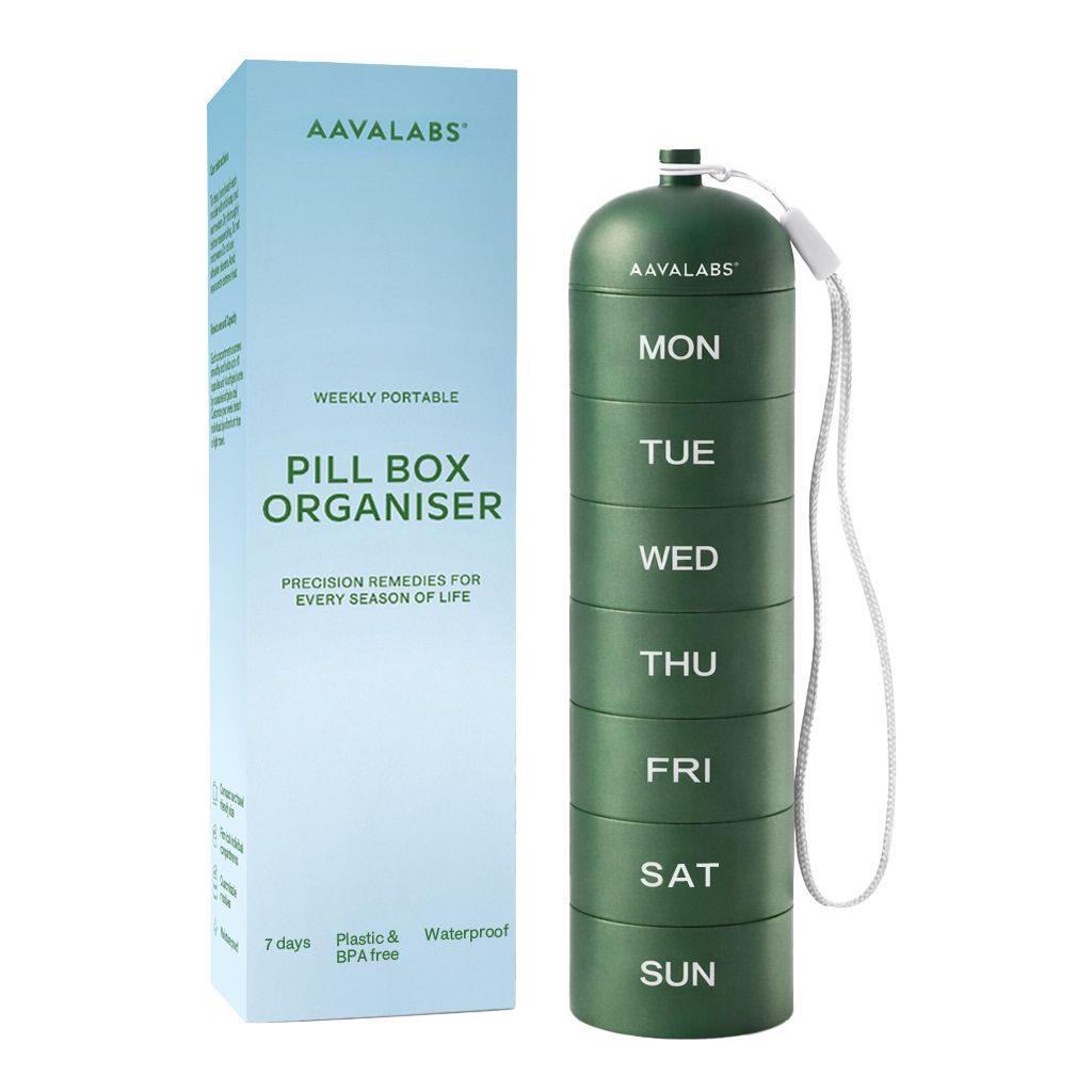 Portapillole verde a 7 scomparti e confezione, etichettato 'Weekly Portable Pill Box Organiser'.