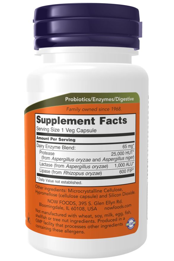 Retro di un flacone bianco con tappo blu. Scritta: Supplement Facts. Contiene enzimi e ingredienti.