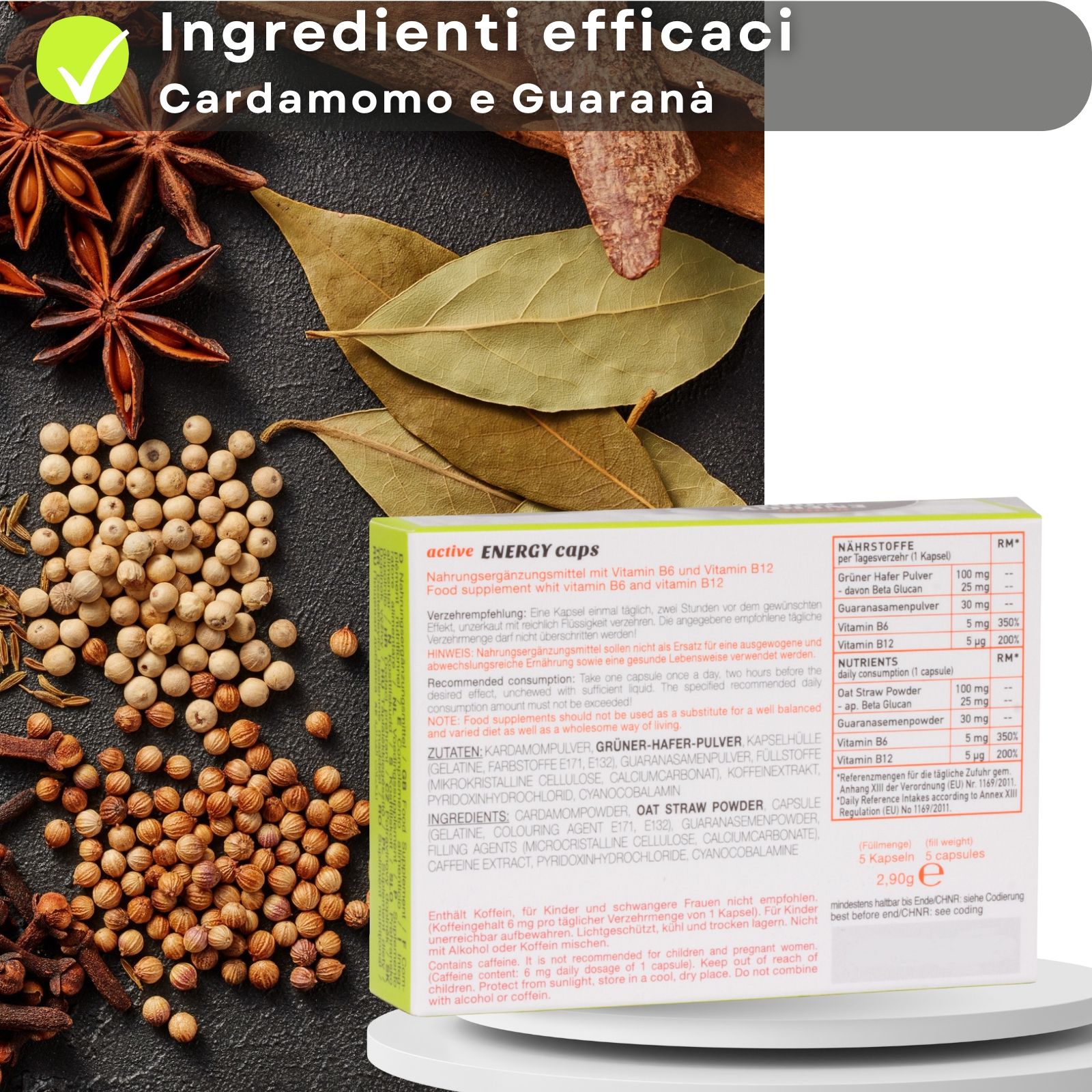 Blister di capsule blu. Accanto, una confezione "Ero active ENERGY caps".