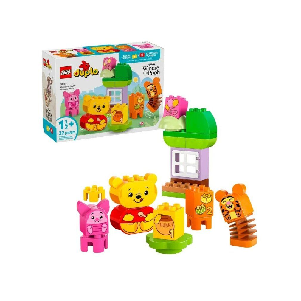 LEGO DUPLO 10457. Set con personaggi di Winnie the Pooh, casa, albero e accessori. Confezione con nome del prodotto e età consigliata.