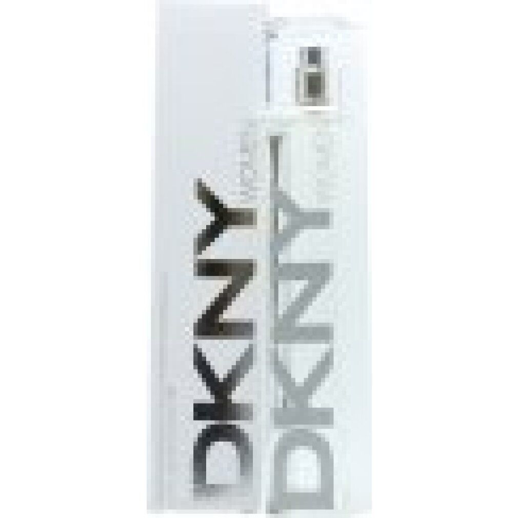 Flacone e scatola DKNY Women. Scritta DKNY e Women. Flacone trasparente con vaporizzatore argentato.