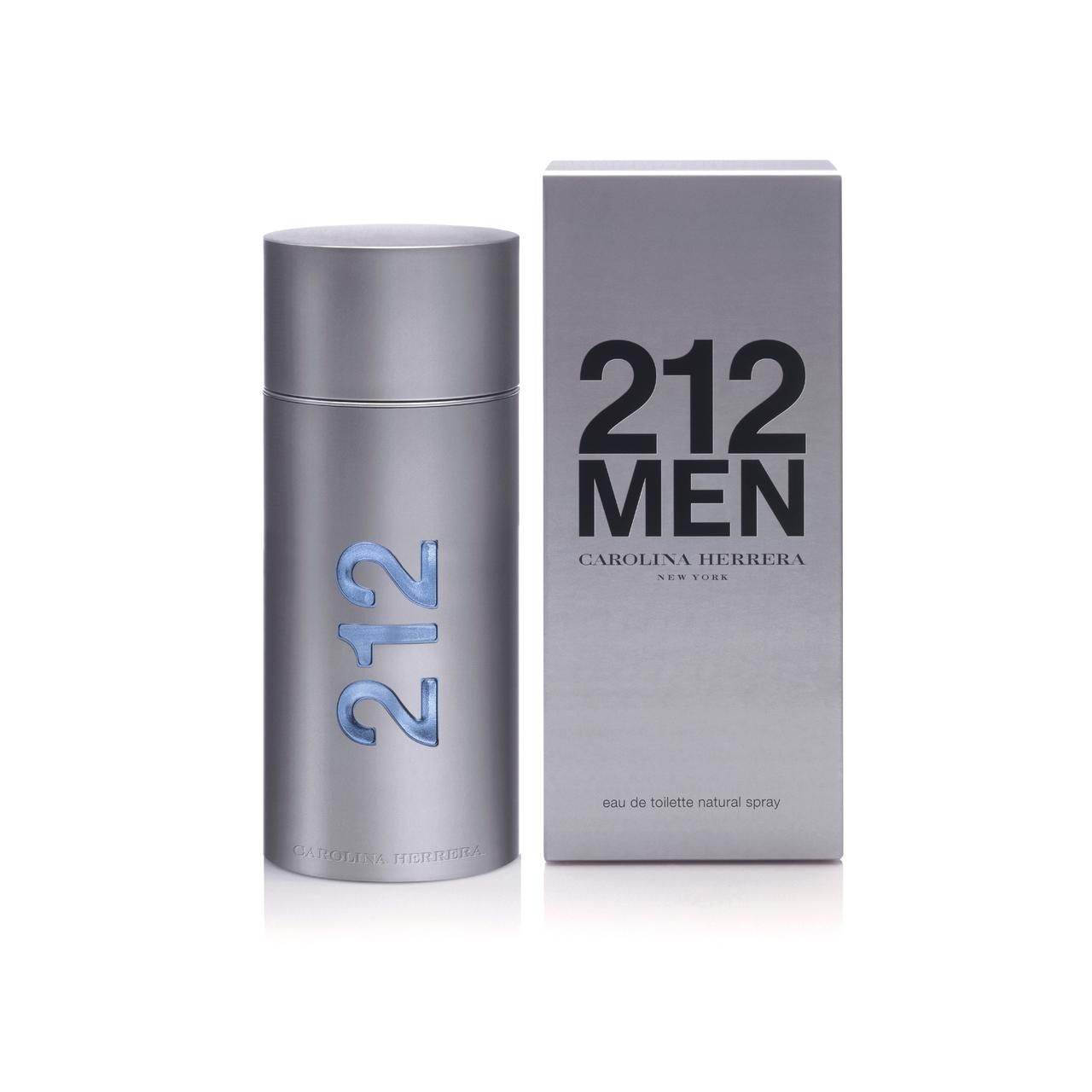 Flacone e scatola argentati. Scritta "212 MEN" e "Carolina Herrera".