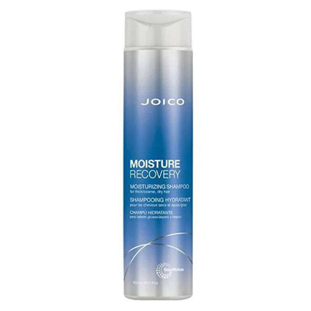 Flacone di shampoo con etichetta blu. I nomi dei marchi "JOICO" e "MOISTURE RECOVERY" sono visibili.