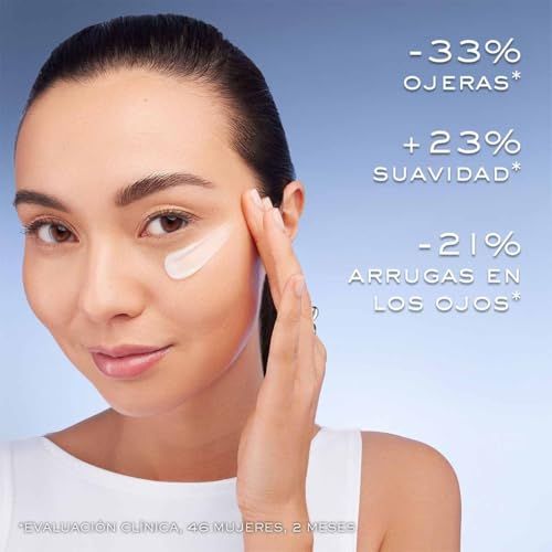 Donna applica crema. Testo: -33% Ojeras, +23% Suavidad, -21% Arrugas en los ojos. Testo: Evaluación clínica, 46 mujeres, 2 meses.