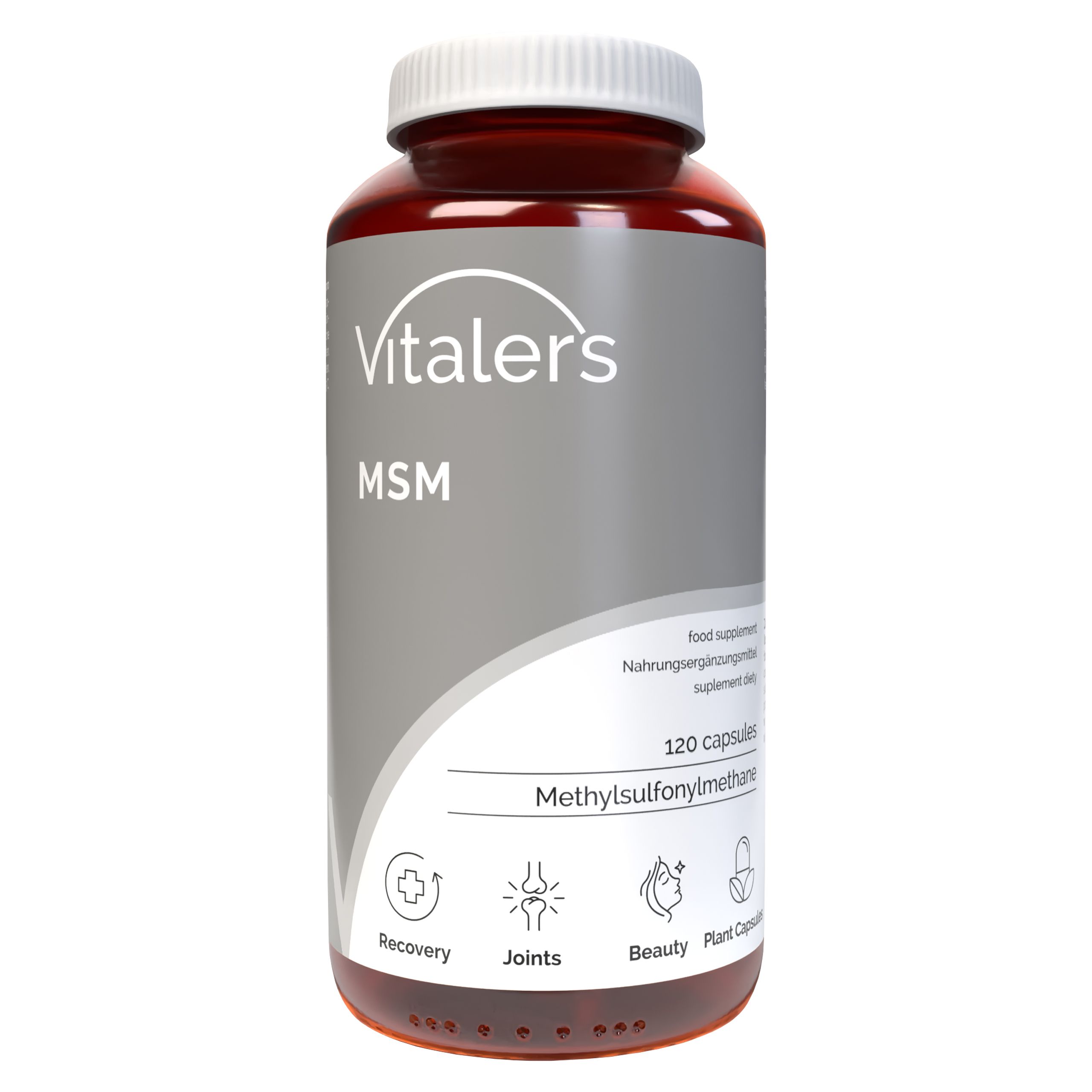 Capsule Vitaler's MSM in flacone di vetro marrone con tappo bianco, vista frontale.