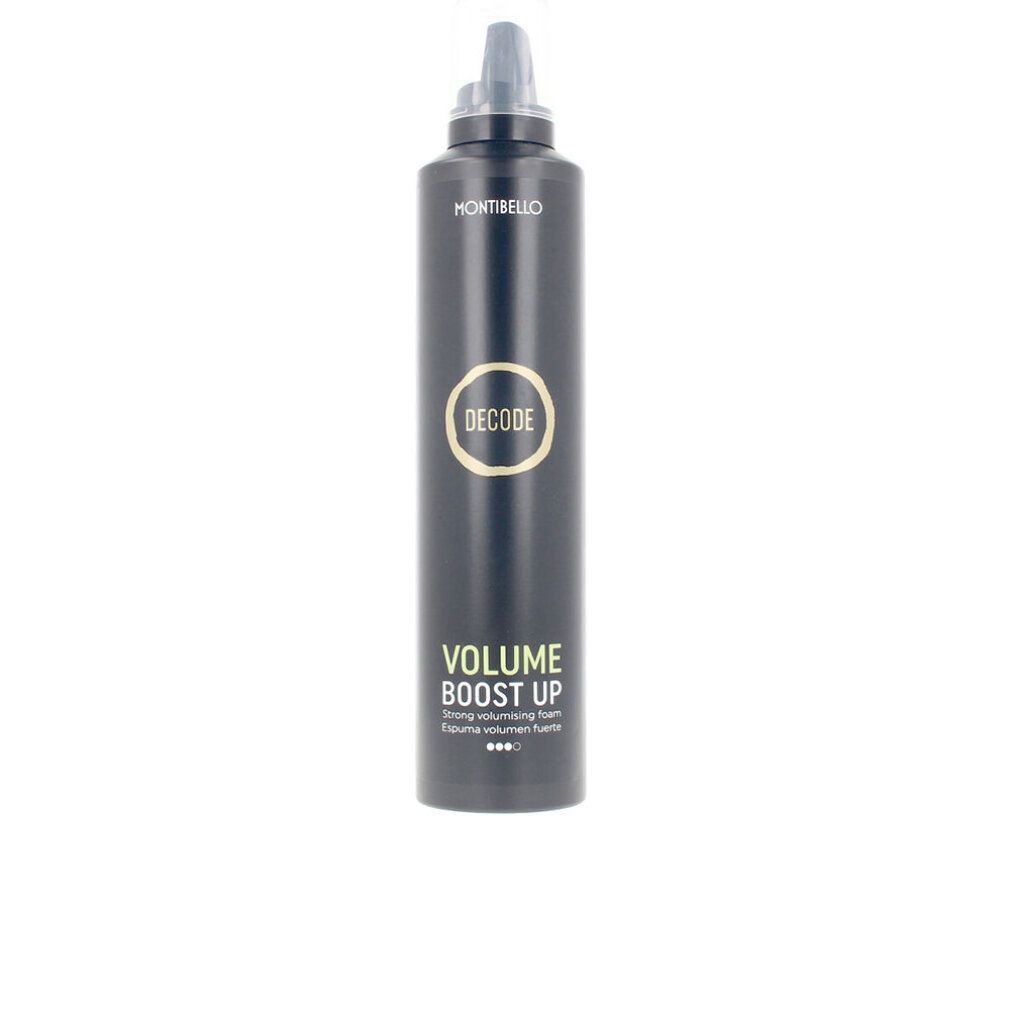 Flacone nero con erogatore spray. Scritte: MONTIBELLO, DECODE, VOLUME BOOST UP. Prodotto per capelli.