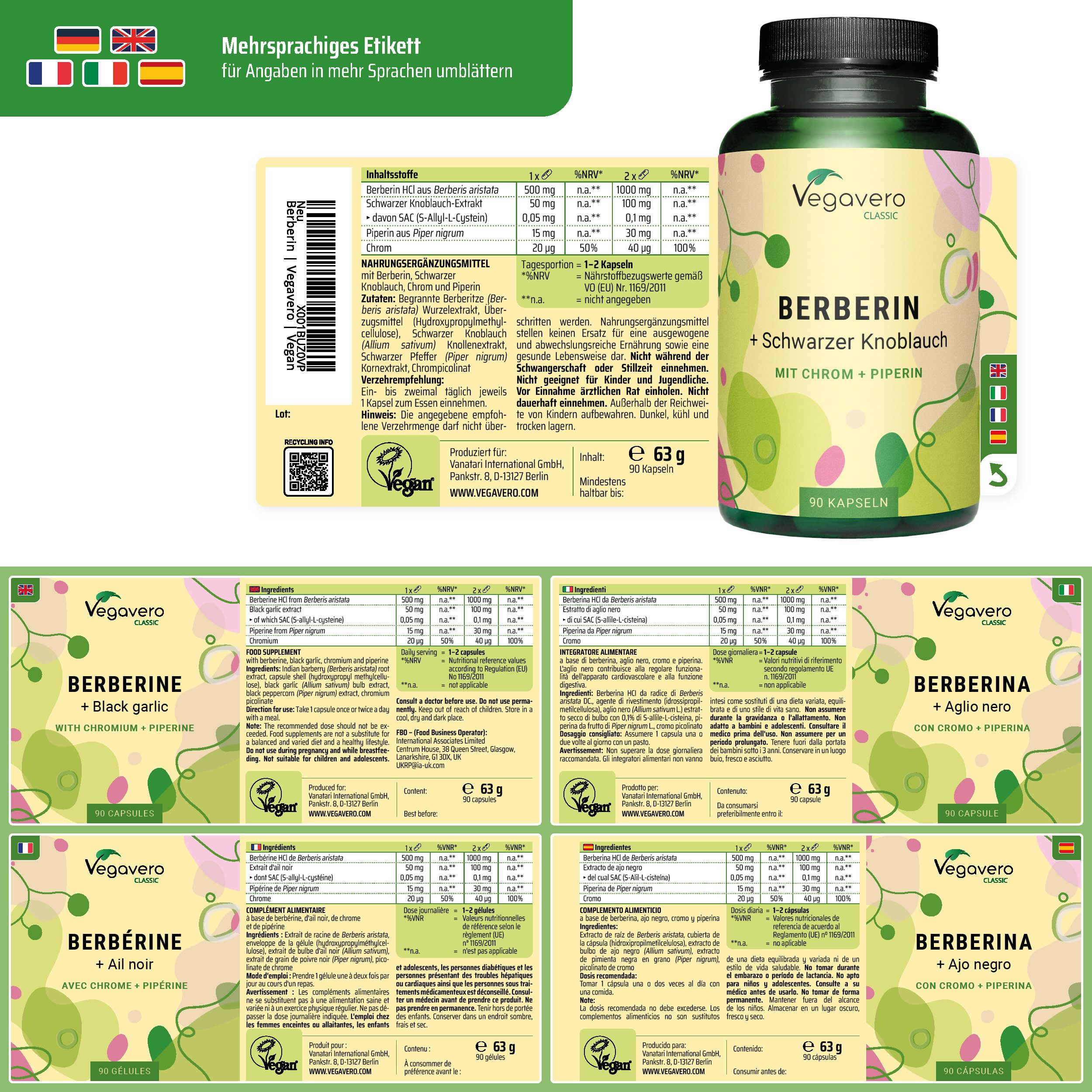 Etichetta multilingue. Flacone di Berberina + Aglio nero. Logo Vegavaro. 90 capsule.