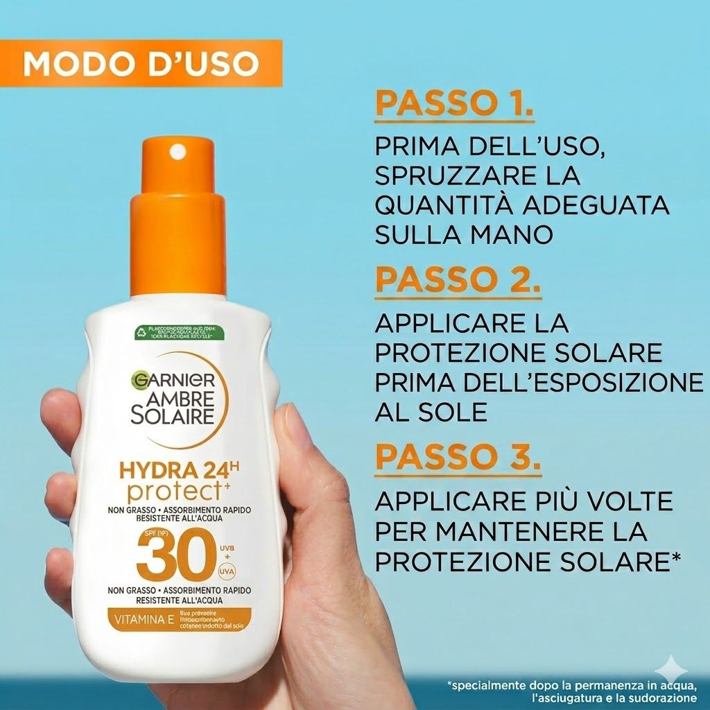 Garnier Ambre Solaire Hydra Protect+ Latte solare SPF 30. Flacone in mano. Istruzioni: 1. Spruzzare. 2. Applicare. 3. Ripetere.