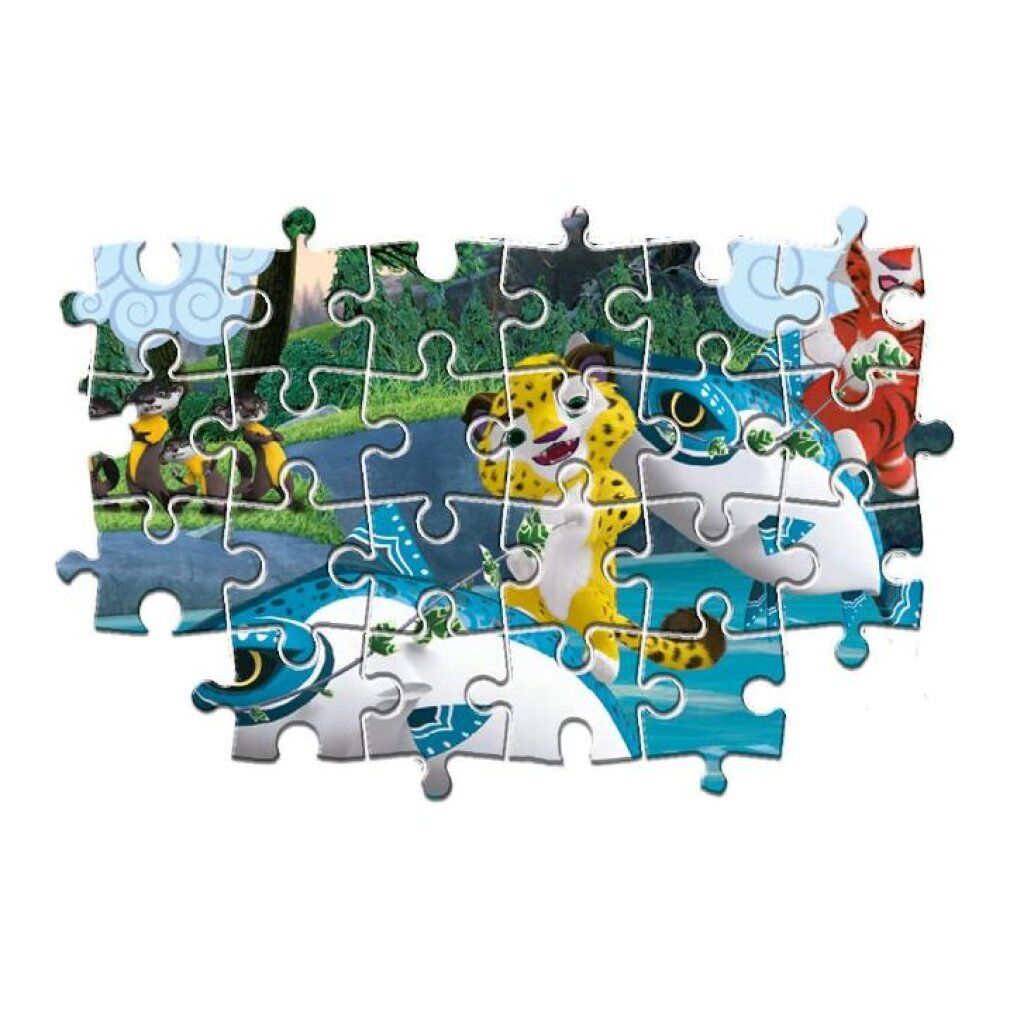 Puzzle completato con Leo, Tig e squali nell'acqua. 24 pezzi. Sfondo: paesaggio con alberi e nuvole.