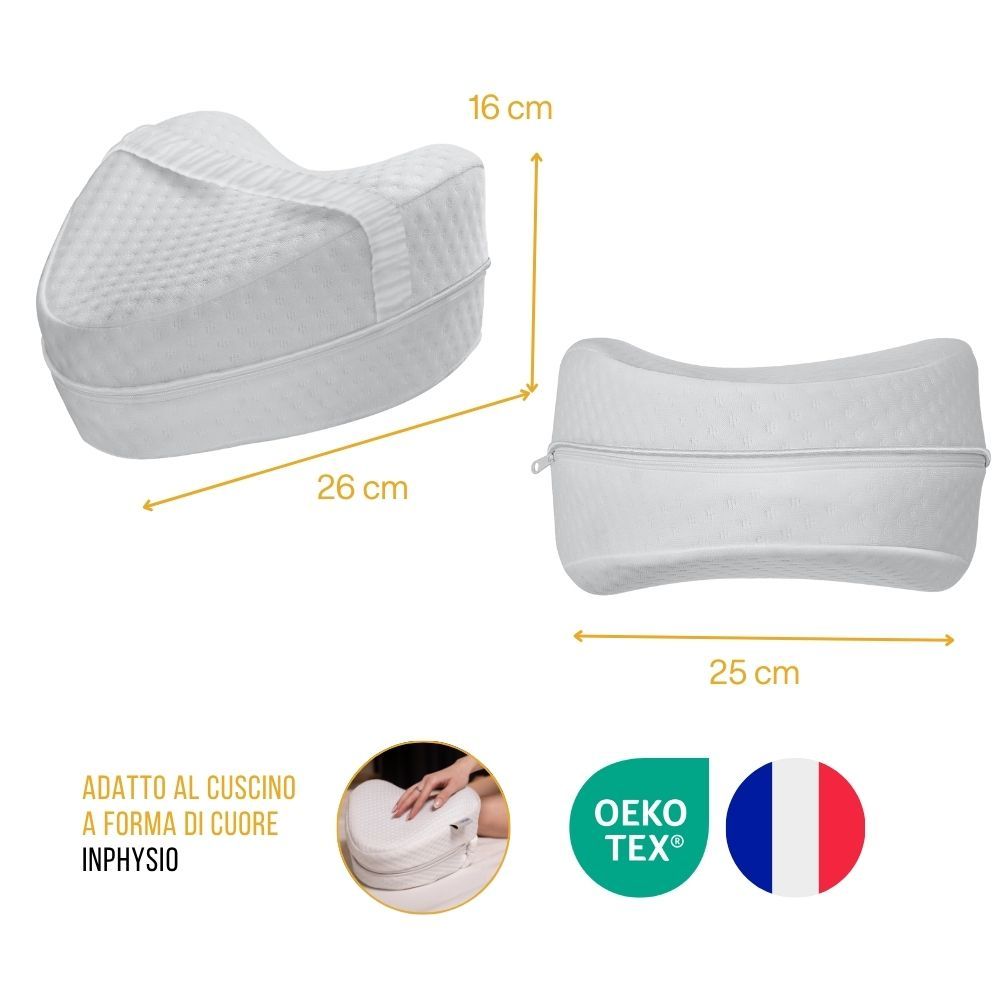 Copertura bianca per cuscino ergonomico a forma di cuore. Dimensioni: 26x16 cm, 25 cm. Certificazione Oeko-Tex. Bandiera francese.