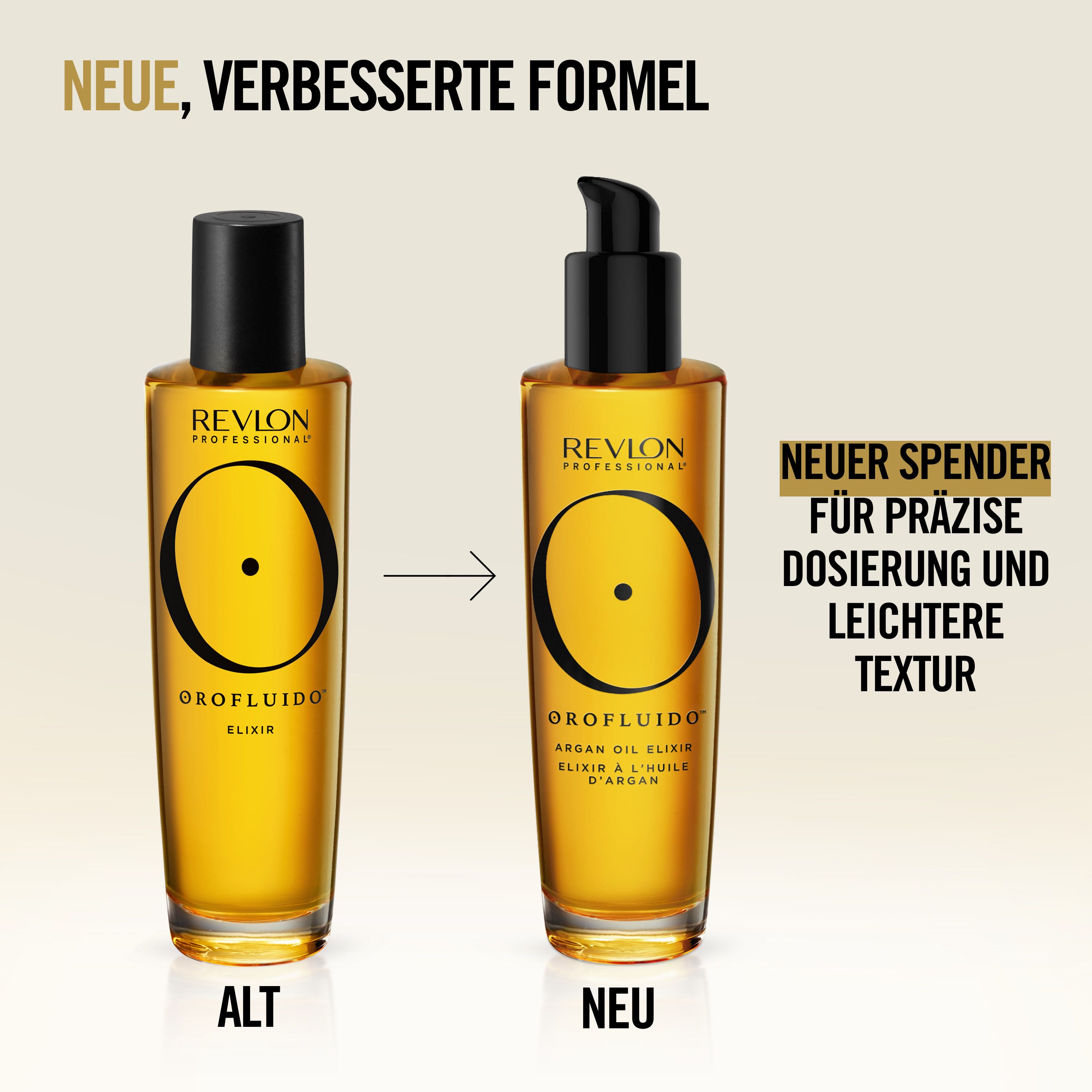 Confronto tra il vecchio e il nuovo design della bottiglia Revlon Orofluido Elixir.