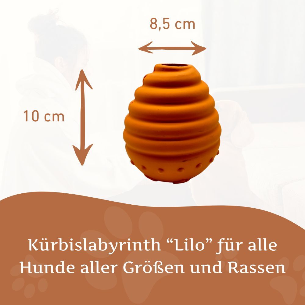 Giocattolo arancione a forma di labirinto per cani. Dimensioni: 10 cm di altezza, 8,5 cm di larghezza.