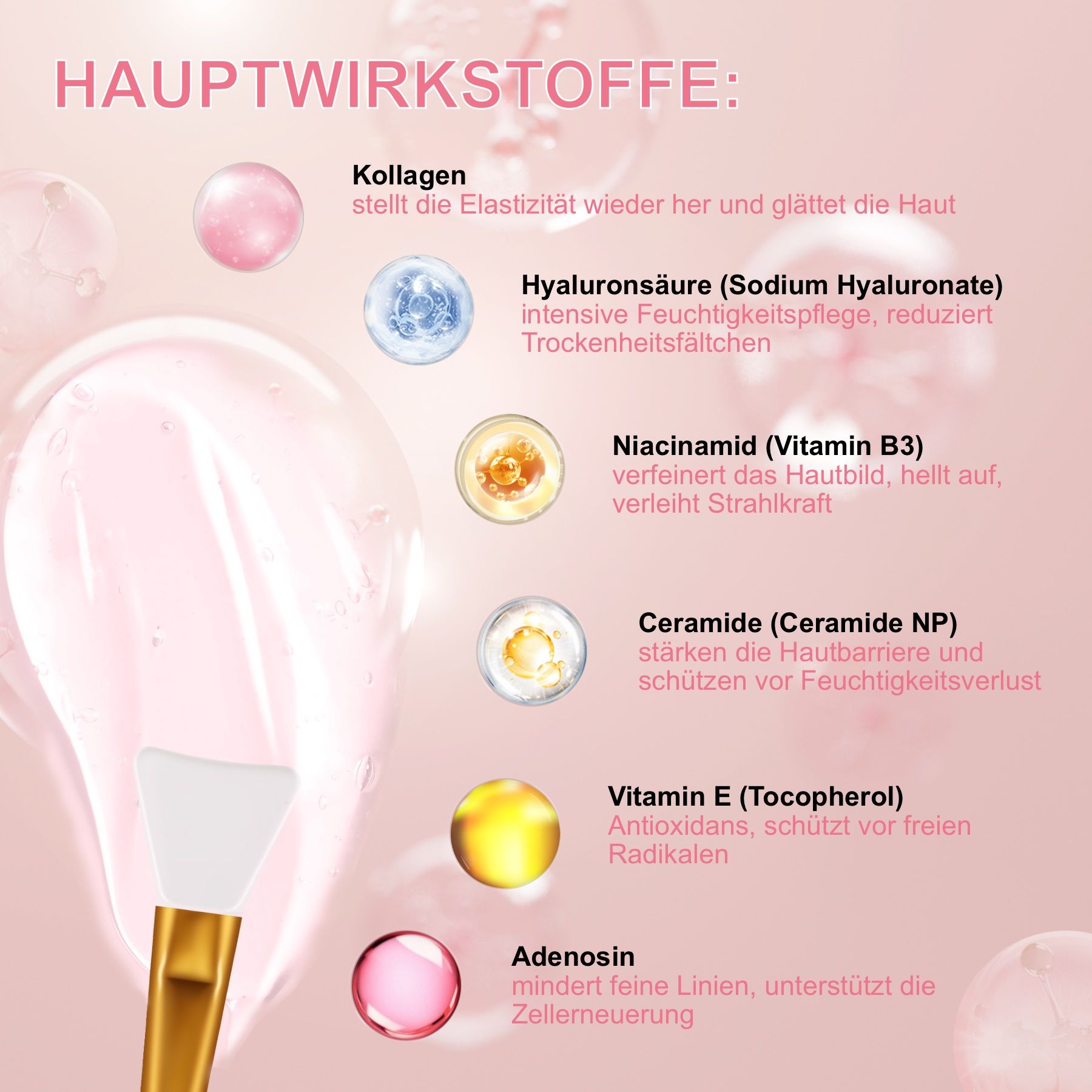 Ingredienti principali: collagene, acido ialuronico, niacinamide, ceramidi, vitamina E, adenosina. Raffigurato: pennello con manico dorato e punta bianca.