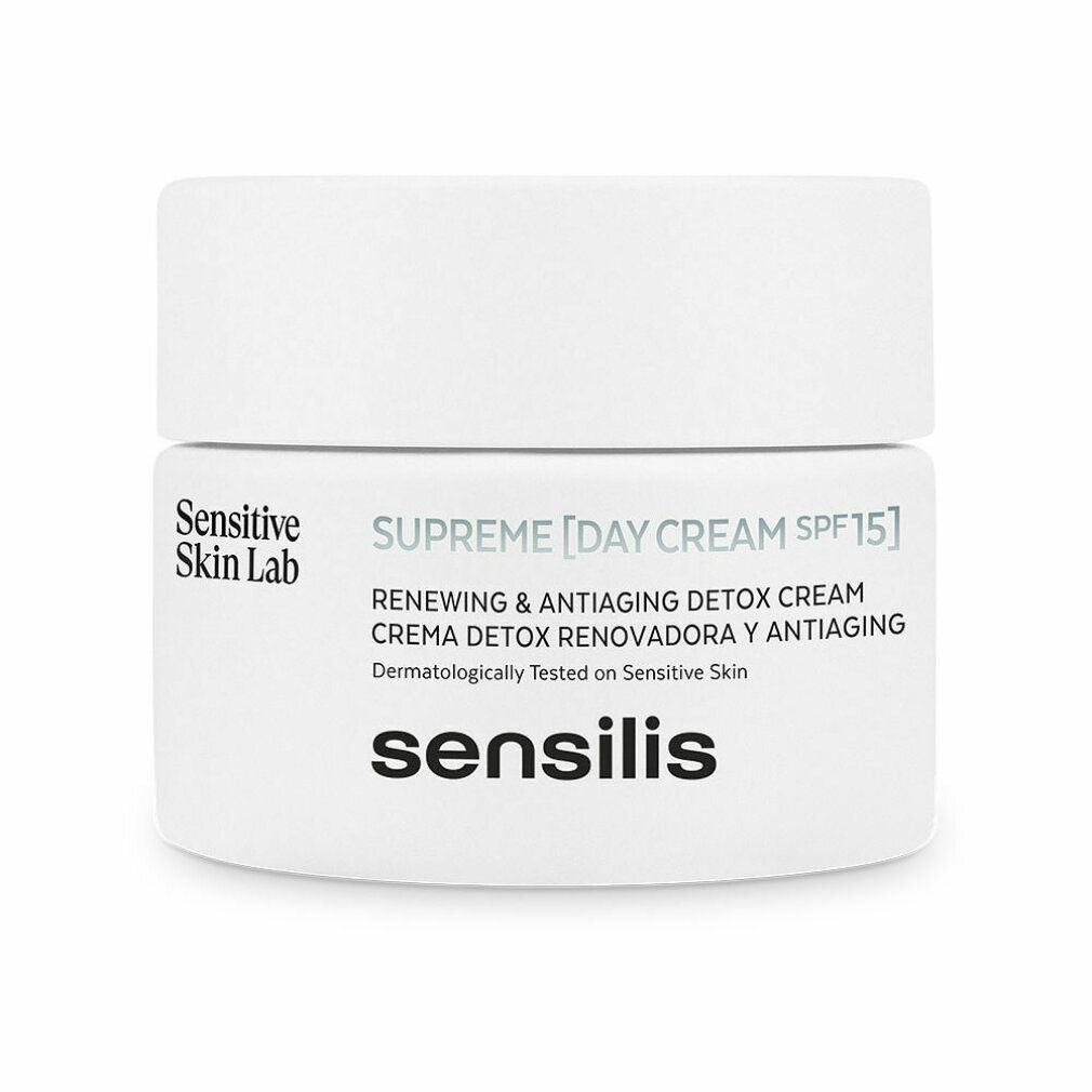 Vasetto bianco con scritta Sensilis, Supreme Day Cream SPF15, e testo per pelli sensibili.