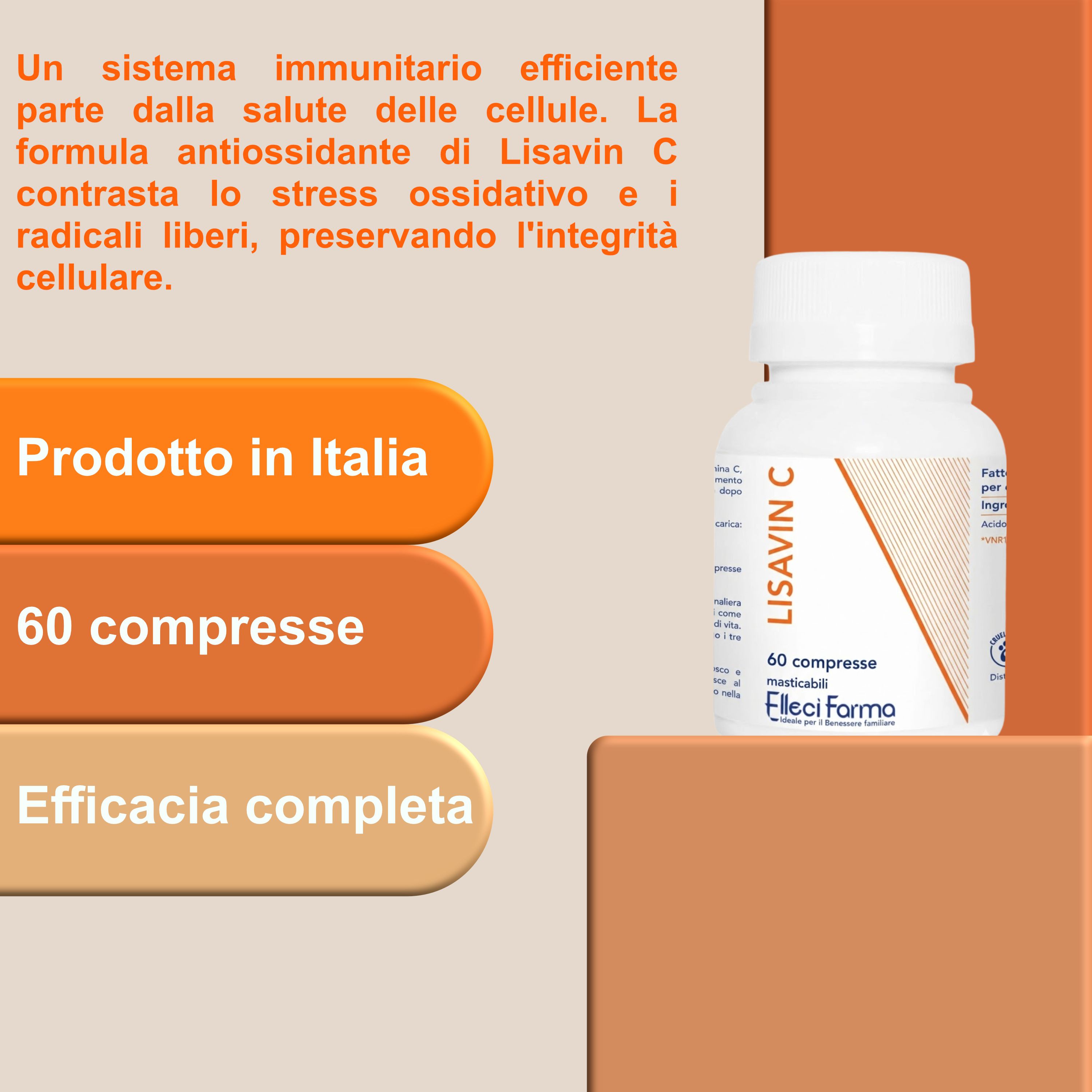 Flacone bianco con informazioni sul prodotto. Testo sulla formula antiossidante di Lisavin C. Su sfondo arancione.