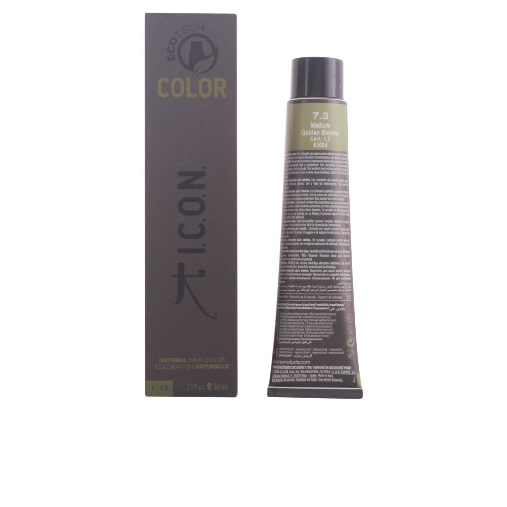 Tubo e scatola di tinta per capelli. Sul tubo è scritto 7.3 Medium Golden Blonde. Sulla scatola c'è scritto ECOTECH COLOR.