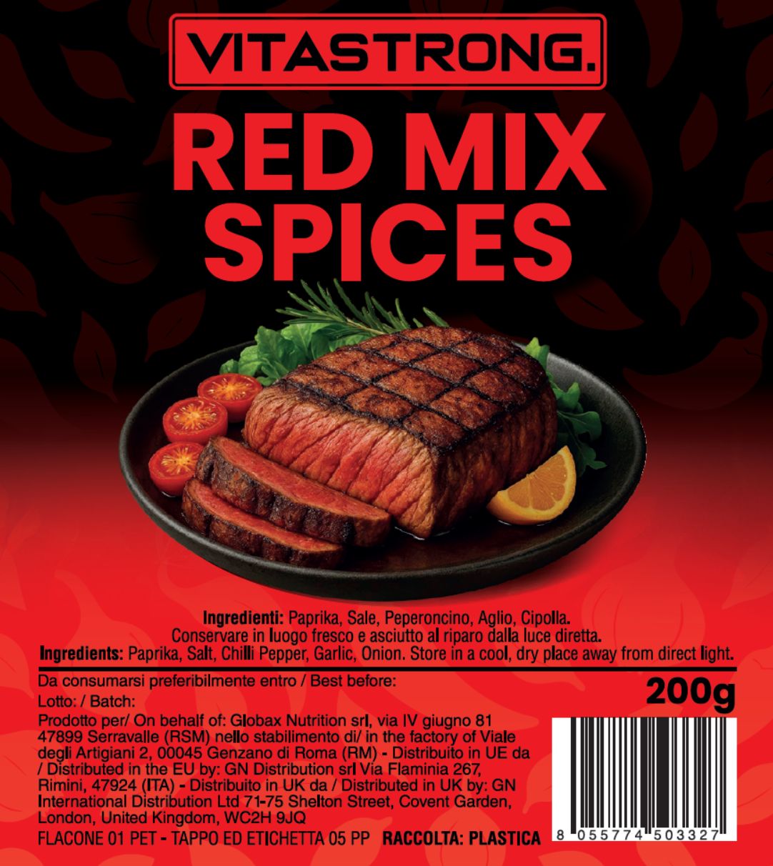 Etichetta rossa con nome prodotto: RED MIX SPICES. Immagine di carne su piatto con pomodori e limone. 200g.