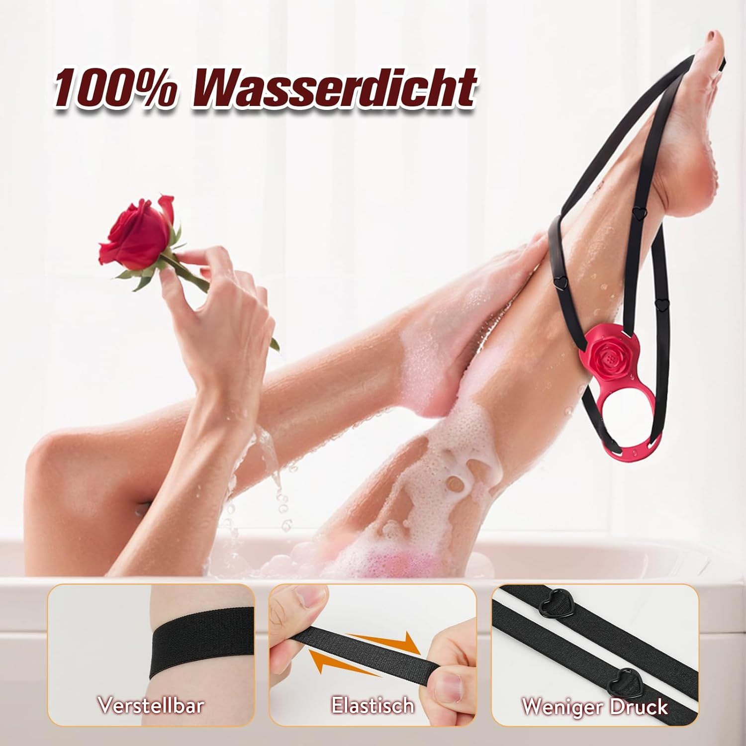 Donna in vasca da bagno con anello vibrante. Testo: 100% impermeabile. Regolabile, elastico, meno pressione.