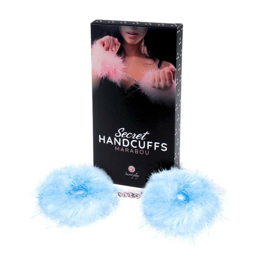 Manette azzurre con piume e confezione. Scatola nera con immagine e testo.