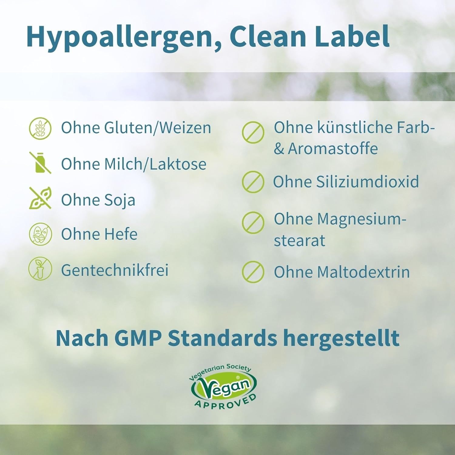 Testo: Ipoallergenico, Clean Label. Elenco degli ingredienti non inclusi. Sigillo Vegan Approved.