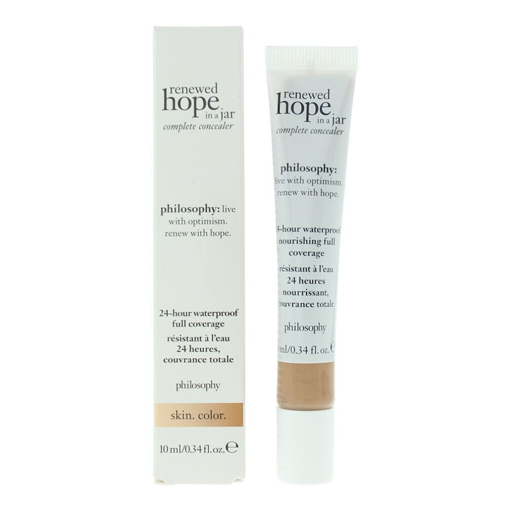 Tubo e scatola beige. Scritto: Renewed Hope in a Jar Complete Concealer. Tonalità: 6.5 Tan. Copertura totale, resistente all'acqua 24 ore.