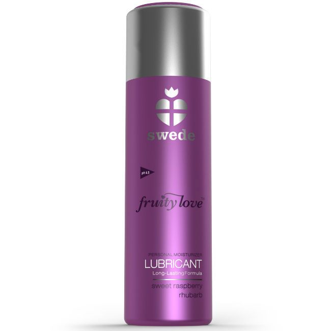 Flacone viola con tappo argento. Scritte: swede, fruity love, LUBRICANT. pH 4.5. Lampone/rabarbaro.