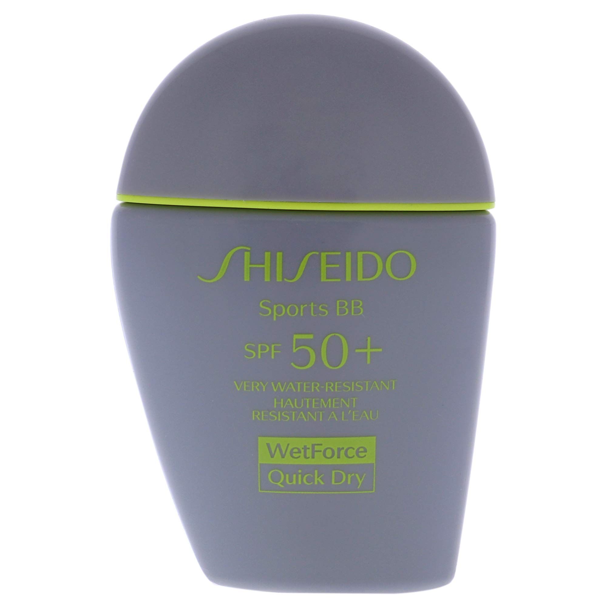 Flacone grigio a goccia con tappo verde. Scritta: SHISEIDO Sports BB SPF 50+ WetForce Quick Dry.