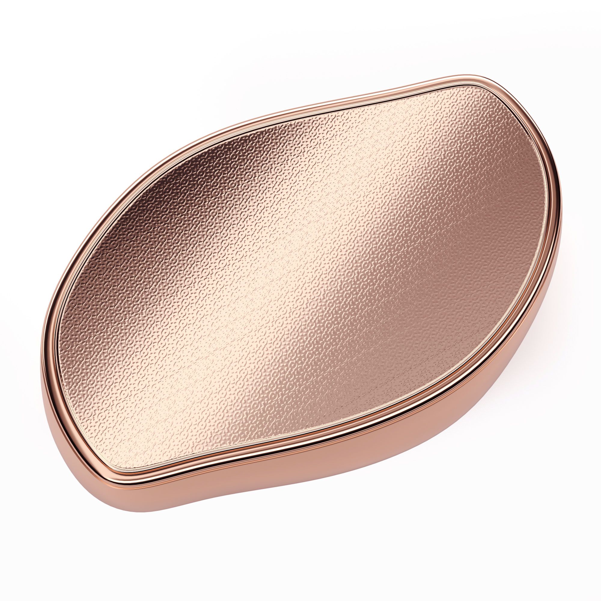 Dispositivo per la cura dei piedi color oro rosa. Forma ovale, superficie strutturata. Bordo lucido.