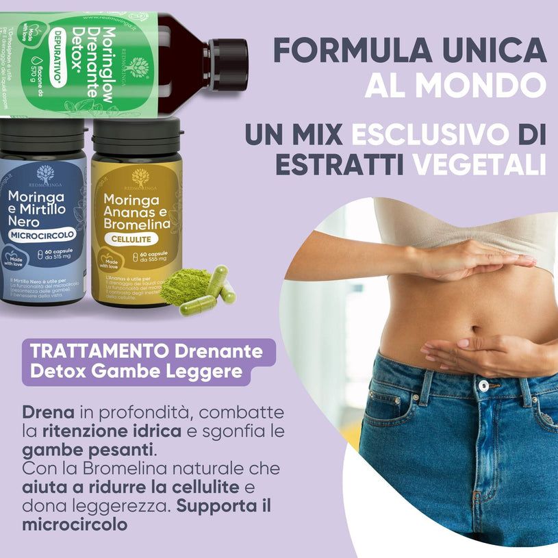 Tre prodotti RedMoringa Detox. Una bottiglia e due contenitori di capsule. Testo: Formula Unica Al Mondo. Mix di estratti vegetali.