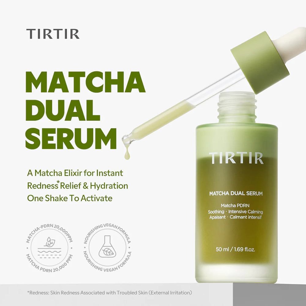 Flacone TIRTIR Matcha Dual Serum con contagocce, 50 ml, con sigilli.