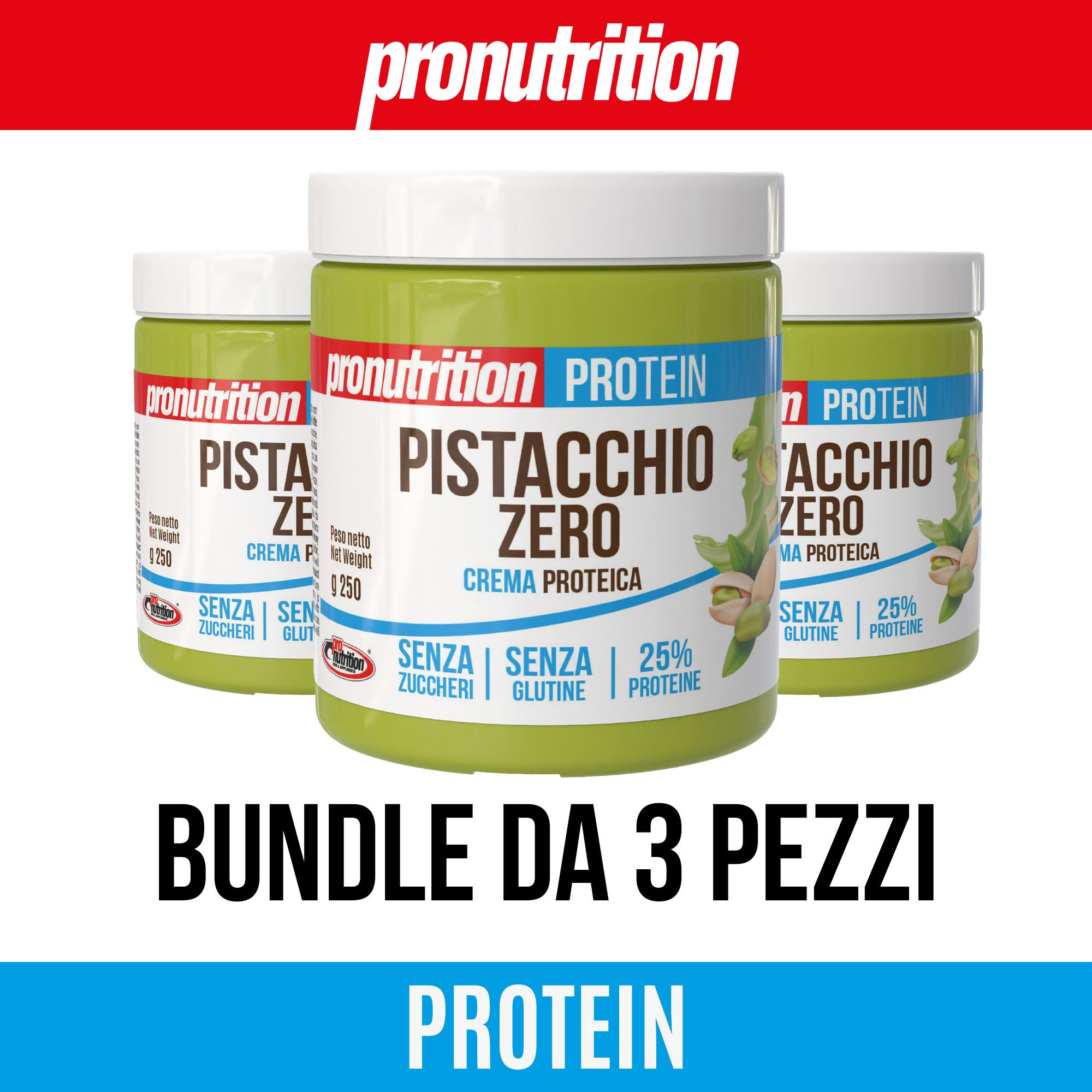Tre barattoli verdi di crema Pronutrition Pistacchio Zero. Scritta: Pistacchio Zero, 25% proteine, senza zucchero e glutine. Bundle da 3 pezzi.