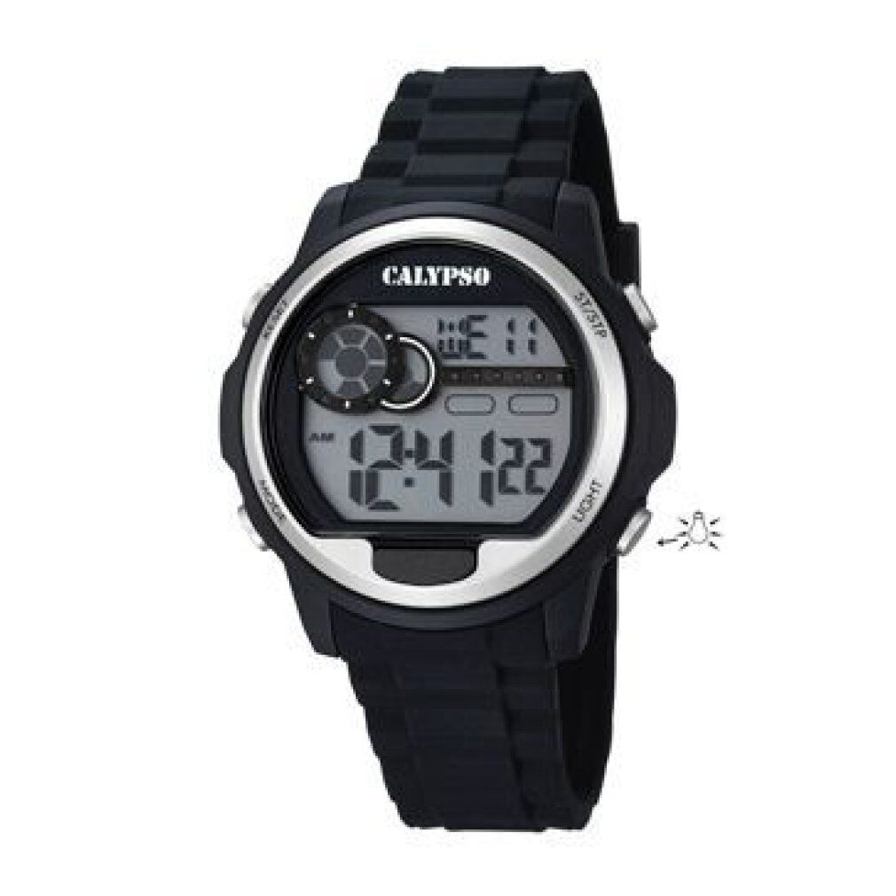 Orologio Calypso nero. Display digitale con data e ora. Cinturino nero. Lunetta argentata.